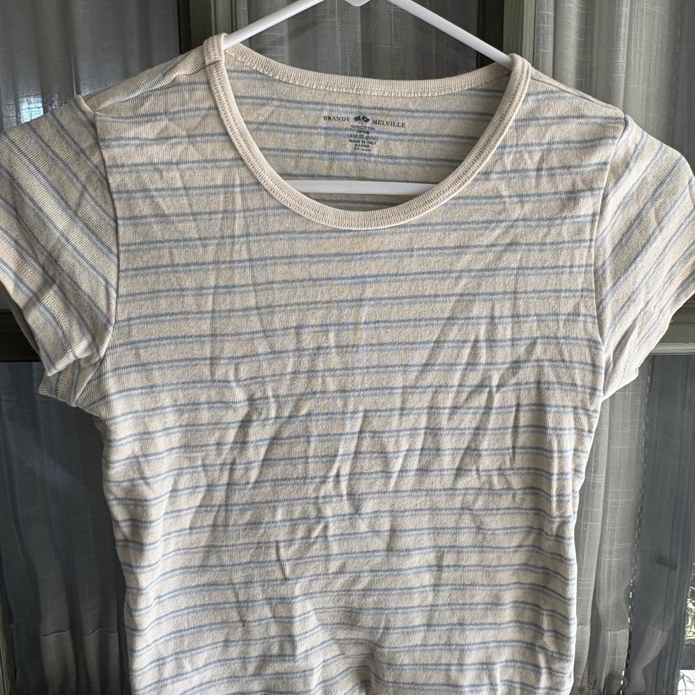 Brandy Melville Women's Striped Cream and Blue Top